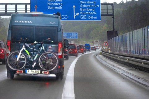 Traffic jam on the A9 motorway, a noise barrier on the right, Hof, Upper Franconia, Bavaria,