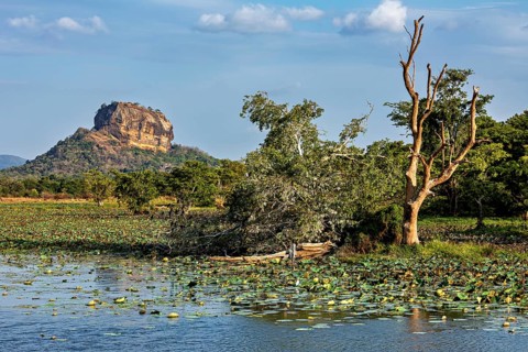 Rocks in the distance flanked by a body of water and trees under a blue sky, The Lion Rock near