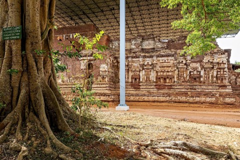 View of ancient ruins under a modern canopy with trees in the foreground, The temples of