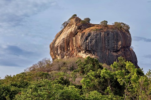 A large rock formation with trees at the top rises above lush greenery under a cloudy sky, The Lion