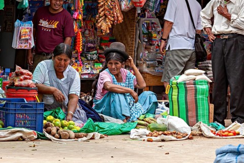 Two woman in traditional dresses and hats sell vegetables at a market, The Rurrenabaque Market in
