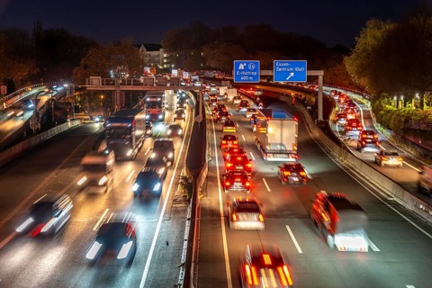 Autobahn A40, Ruhrschnellweg, traffic jams on both roads, at the Ruhrschnellwegstunnel in Essen,