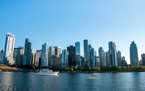 Skyline, skyscrapers on the promenade, Coal Harbour, Vancouver, British Columbia, Canada