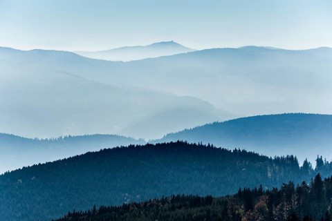 Staggered mountain ranges in haze, at Hohneck, Col de la Schlucht, Vosges, Alsace-Lorraine, Vosges