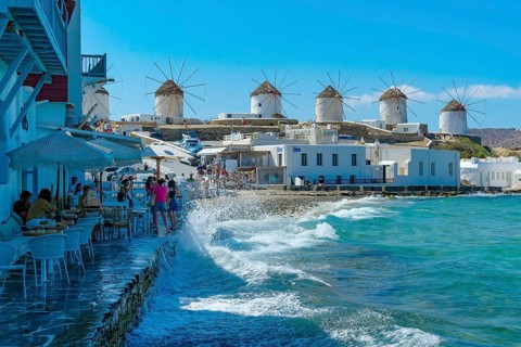 Mykonos, Cyclades, Greece - The six sixteenth-century windmills, lined up on a hill above Mykonos