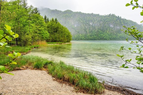 Landscape of Lake Offensee on a rainy day in spring, Salzkammergut, Austria