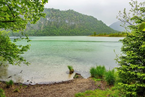 Landscape of Lake Offensee on a rainy day in spring, Salzkammergut, Austria