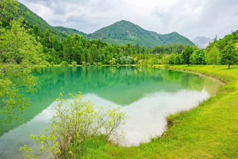 Landscape of Lake Elisabethsee on a rainy day in spring, Austria