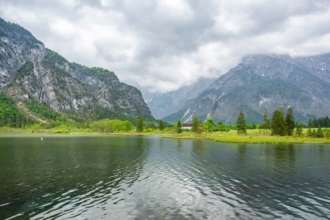 Landscape of Lake Almsee on a rainy day in spring, Salzkammergut, Austria