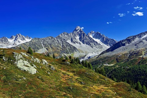 From left front Glacier du Tour back Aiguilles du Tour, right Aiguille du Chardonnet, in front