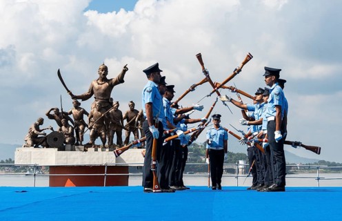 Indian Air Force personnel performs a bayonet drill demonstration on the bank of Brahmaputra river,