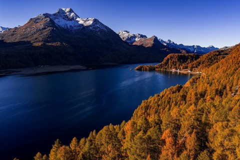 Mountain landscape, mountain lake, larch forest, autumn, autumn color, morning light, sunny, aerial
