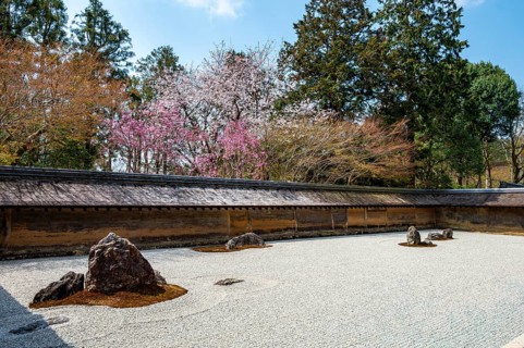 Kare-san-sui Japanese rock garden, Hojo Teien in Ryoan-ji, Zen Buddhist temple complex, in spring,