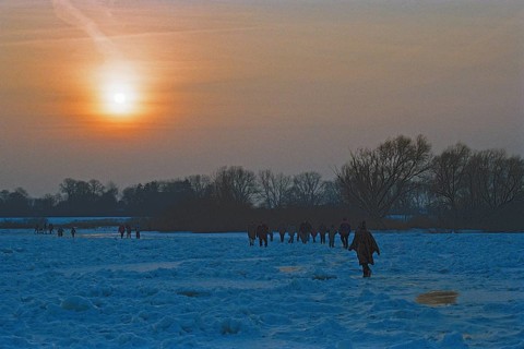 People walk across ice rink, sunset, frozen Elbe, Bleckede, Lower Saxony, Germany, February 9,