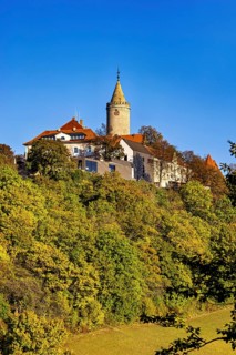 A castle with a tower, highlighted by colorful autumn trees and clear skies, The Leuchtenburg near