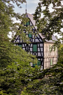 Half-timbered house hidden in thick trees, with distinctive black half-timbering and green