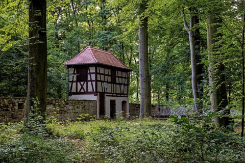 Historic half-timbered house in a dense forest, surrounded by a stone wall and lush greenery, The