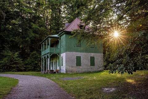 Green house in the forest with evening sun, quiet path and wooden veranda in peaceful surroundings,