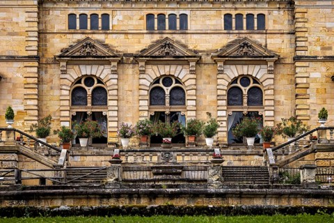 Detailed design of castle windows with decorative flowers, The Hummelshain hunting lodge in