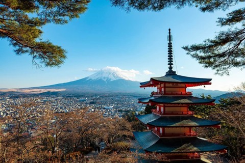Five-story pagoda of a Shinto Shrine, Chureito Pagoda, with views of Fujiyoshida City and Mount