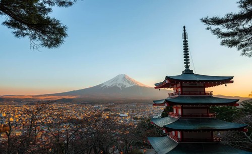 Five-story pagoda of a Shinto Shrine, Chureito Pagoda, with views of Fujiyoshida City and Mount