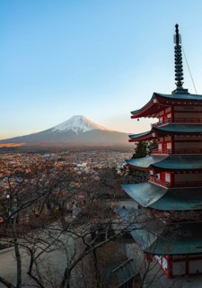 Five-story pagoda of a Shinto Shrine, Chureito Pagoda, with views of Fujiyoshida City and Mount