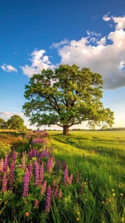 A serene landscape featuring a large tree by a stream at sunset with vibrant green grass and