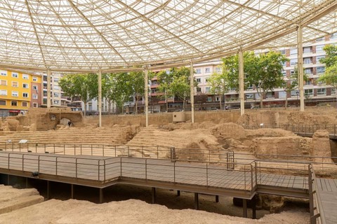 Covered ruins of Roman theatre amphitheatre, Zaragoza, Aragon, Spain