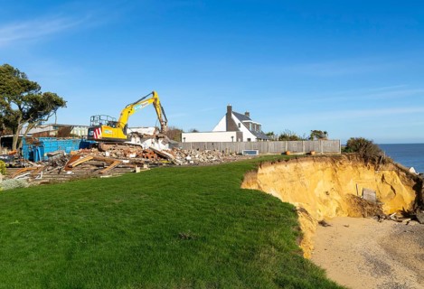 Demolition of Jean Flick's house, The Warren, Thorpeness, Suffolk, England, UK due to rapid coastal