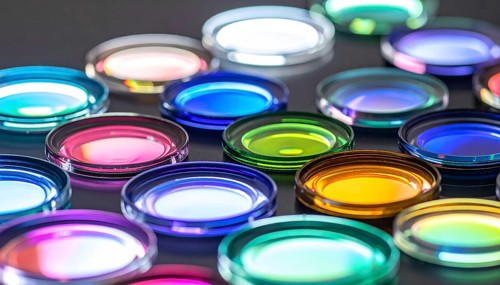 Abstract background of slightly unfocused multicolored glass lenses spinning and rotating,