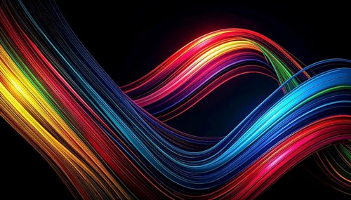 Abstract digital art featuring vibrant, intersecting neon lines creating a geometric pattern,
