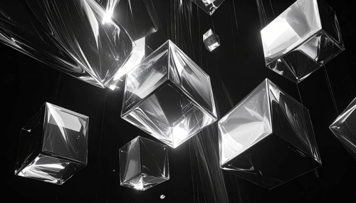 Abstract animation, glass cubes on black background, modern business wallpaper illustration, AI