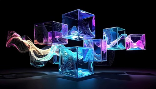 Abstract animation, glass cubes on black background, modern business wallpaper illustration, AI