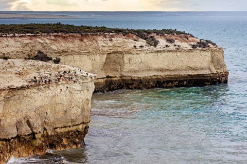 Rugged coastal landscape with high cliffs and calm sea under overcast sky, The landscape of