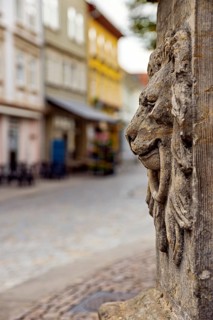 Close-up of a lion relief with blurred old town in the background, lion head at the fountain in the