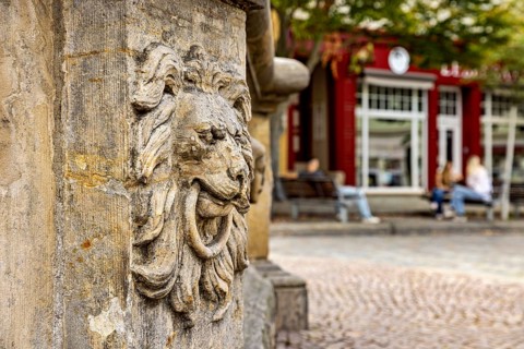 Stone lion relief with a lively, cozy square in the background, lion's head at the fountain in the