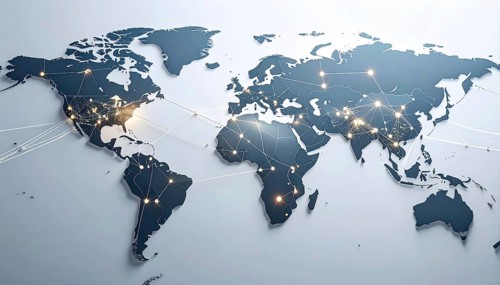 Abstract visualization of global rare earth supply network feeding EV industry, world map design,