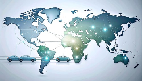 Abstract visualization of global rare earth supply network feeding EV industry, world map design,