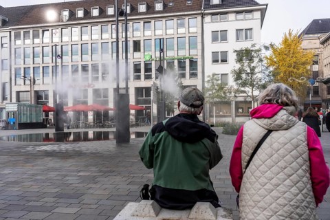 Digital water feature, Blue Cloud water installation on Husemanplatz in downtown Bochum, water mist