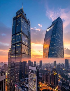 Collage of skyscrapers of a metropolitan city, various skylines with different blue sky in sunset,