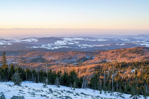 View from Mount Lusen over the hills of the bavarian forest at sunrise in winter, Bavaria, Germany