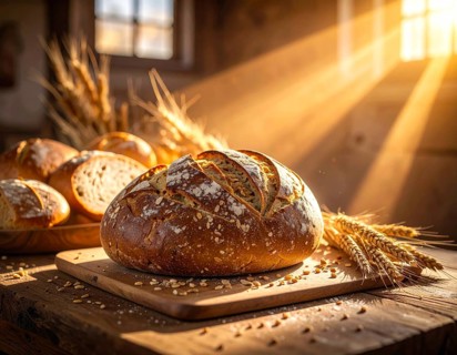Rustic loaf of whole grain bread, fresh baked, close up of bread on dark wooden table, golden rust,