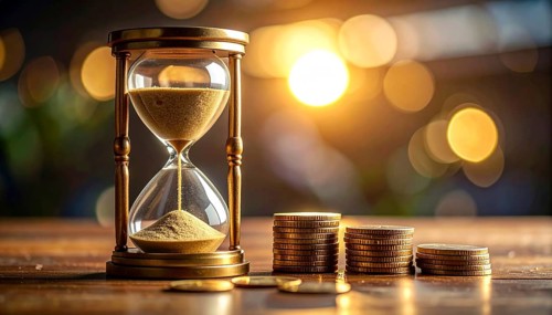 Hourglass and stacked golden coins, illustrating currency fluctuation and time impact commodities