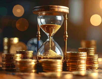 Hourglass and stacked golden coins, illustrating currency fluctuation and time impact commodities