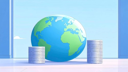 Green earth globe with silver coin stack symbolizing global finance economy and sustainable growth,