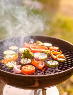 Cooking vegetables on grill outdoors, healthy lifestyle with healthy food, close up of grill with