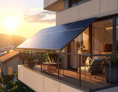 Sunlight Glinting Off Solar Panels on Contemporary Apartment Balcony, energy solution, concept of