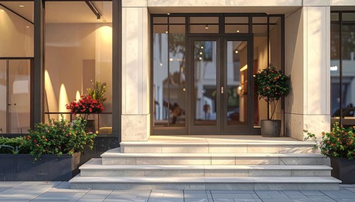 Modern building entrance with stairs, glass facade, and plants in warm evening light, empty
