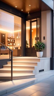 Modern building entrance with stairs, glass facade, and plants in warm evening light, empty
