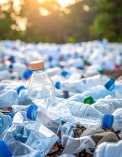 Crushed plastic water bottle waste in a wild landscape, symbol for nature protection, waste